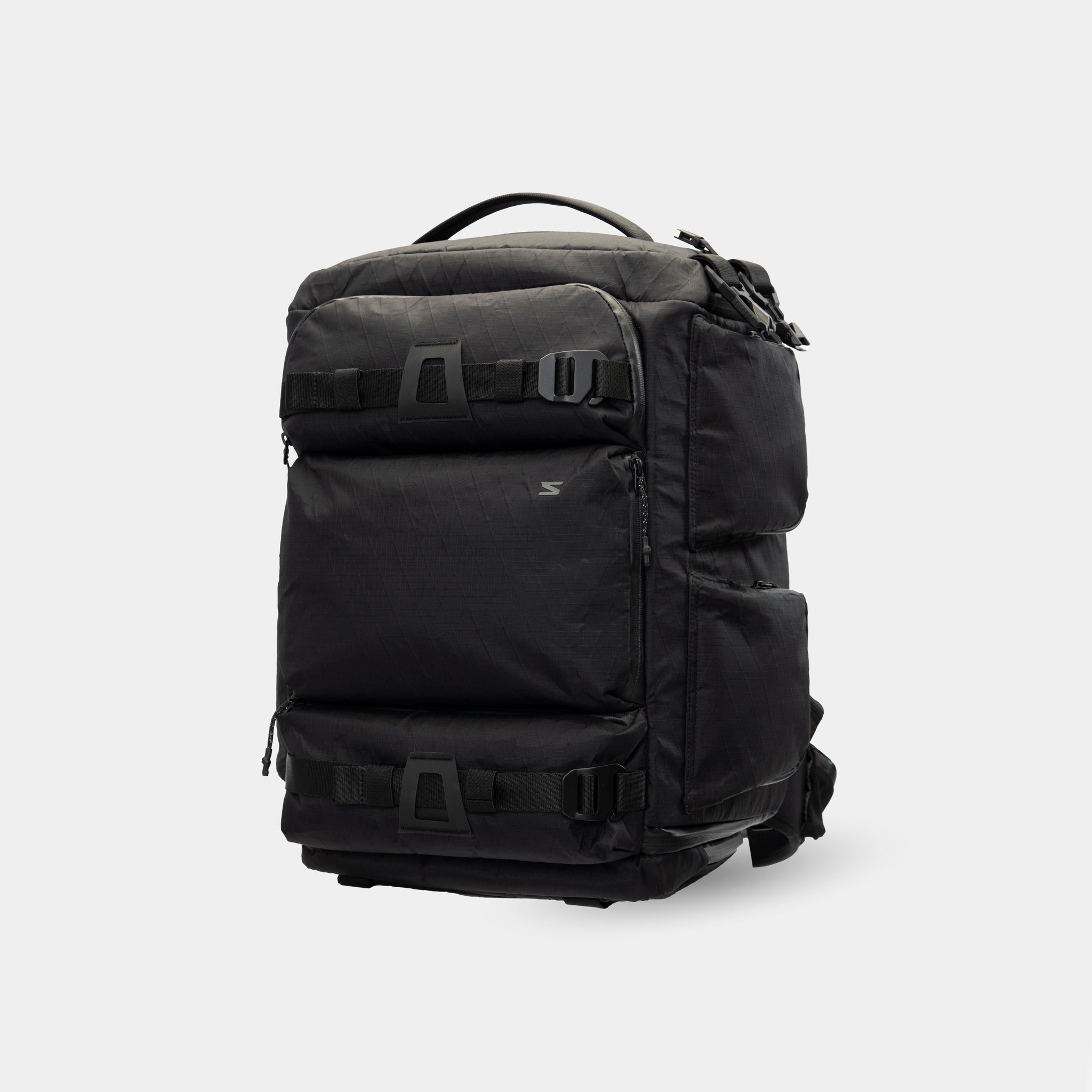 Front view of DSLR camera backpack with Woojin buckles. Built for Canon R5 and Sony A7 setups.