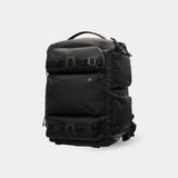 Front view of DSLR camera backpack with Woojin buckles. Built for Canon R5 and Sony A7 setups.