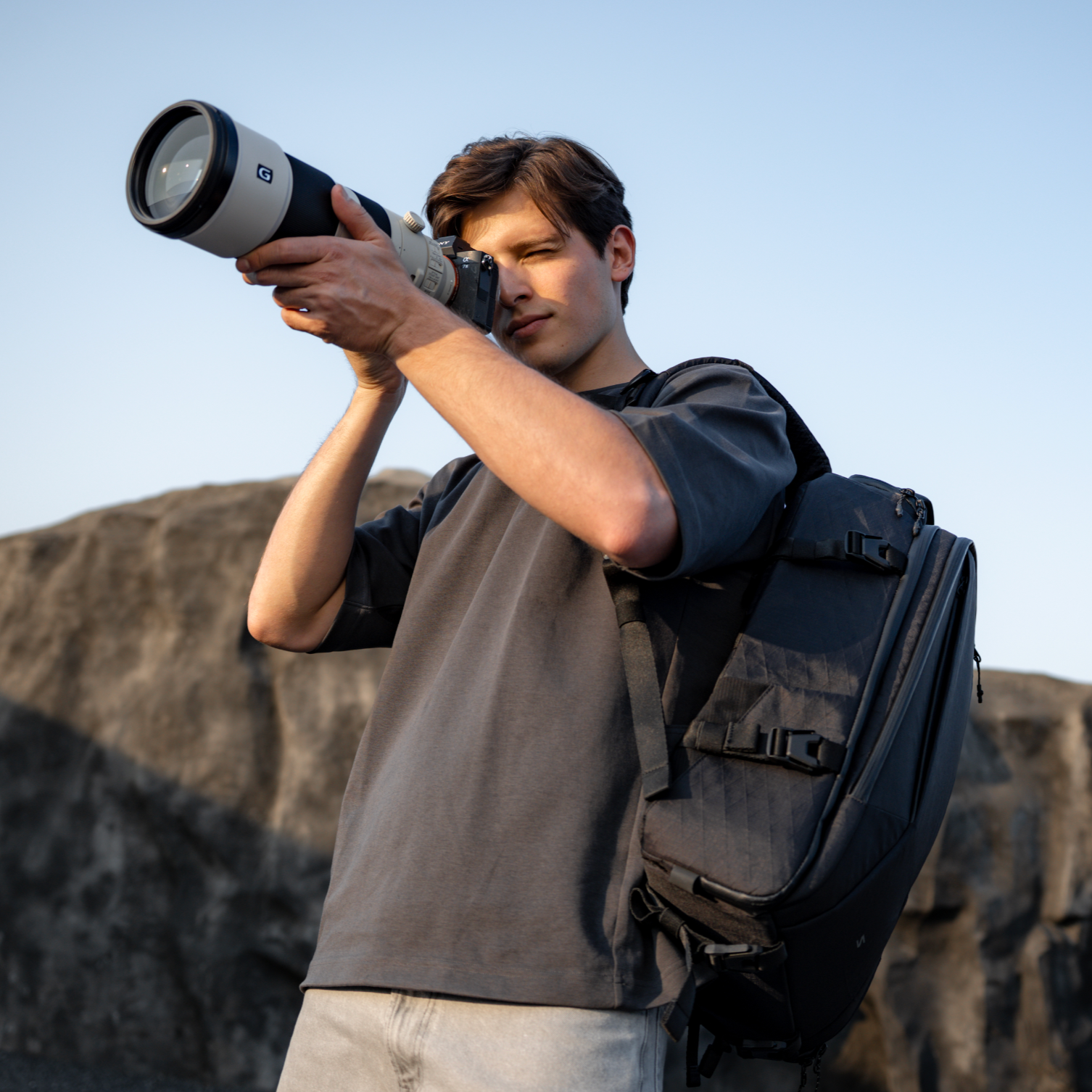 Holds 14” MacBook Pro with DSLR or mirrorless gear. Great for hybrid creators and travelers.